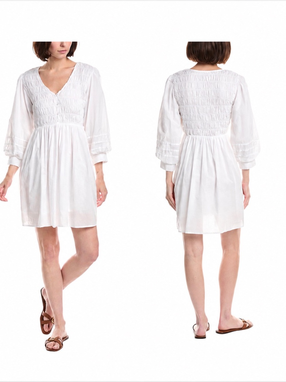 Michael Stars Zuri White Smocked Cotton Puff Sleeve Mini Dress - Size S